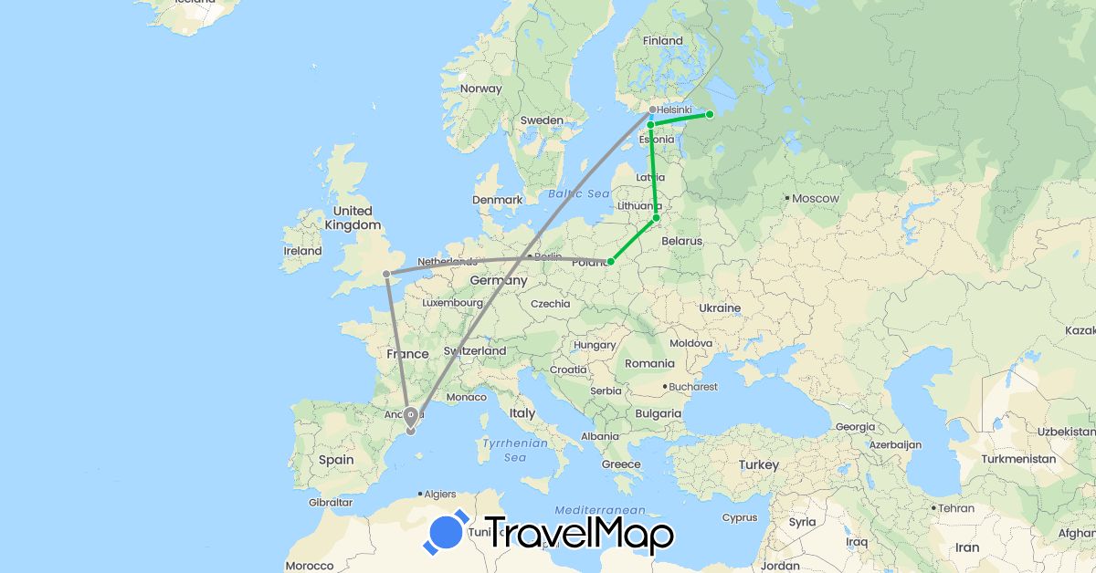 TravelMap itinerary: driving, bus, plane, boat in Estonia, Spain, Finland, United Kingdom, Lithuania, Poland, Russia (Europe)